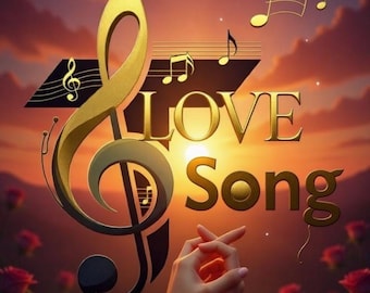 Può includere: Una chiave di violino dorata e note musicali sovrapposte alle parole "LOVE Song" su uno sfondo di tramonto. Rose rosse e mani giunte davanti al tramonto. Tema romantico.