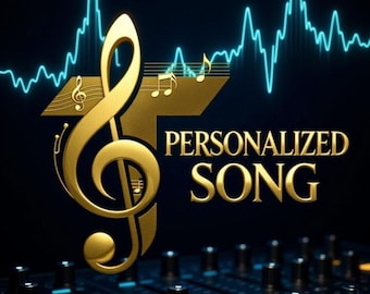 Può includere: Immagine con una chiave di violino dorata e note musicali, con le parole "PERSONALIZED SONG" in lettere dorate. Un grafico a onde sonore blu e un mixer sono visibili su uno sfondo scuro.