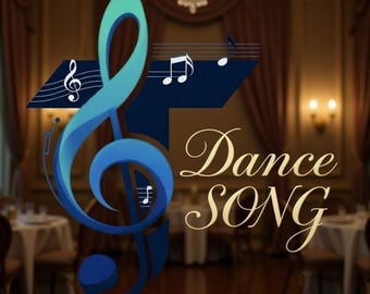 Può includere: Grafica con chiave di violino turchese e note musicali su sfondo blu scuro. Le parole "Dance Song" sono scritte in oro. Lo sfondo mostra una sala da ballo con un lampadario.