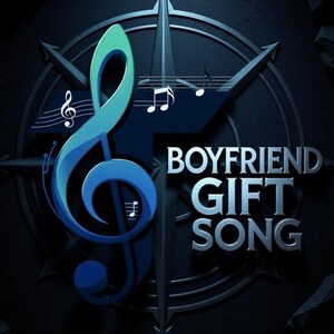 Puede incluir: Gráfico azul oscuro con tema musical. Una gran clave de sol estilizada en tonos azules domina la imagen, con notas musicales y el texto "BOYFRIEND GIFT SONG" en letras plateadas. El diseño está sobre un fondo texturizado.