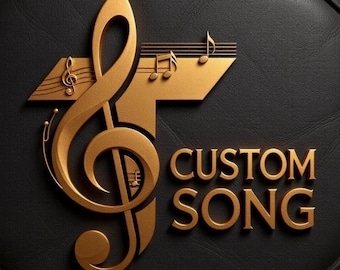 Può includere: Design dorato con chiave di violino e note musicali, con il testo "CUSTOM SONG" su sfondo nero strutturato. L'immagine suggerisce un prodotto o servizio legato alla musica.