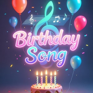 Puede incluir: Imagen festiva con una tarta de cumpleaños, globos y notas musicales. La tarta tiene velas encendidas, y las palabras "Birthday Song" están en neón. Confeti colorido y globos rojos, azules y rosas completan la escena.