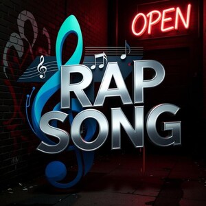 May include: A neon sign reading "OPEN" illuminates a dark alleyway. The words "RAP SONG" are displayed in large, metallic letters, accompanied by musical notes and a treble clef. The background features a brick wall and a dark, wet pavement.