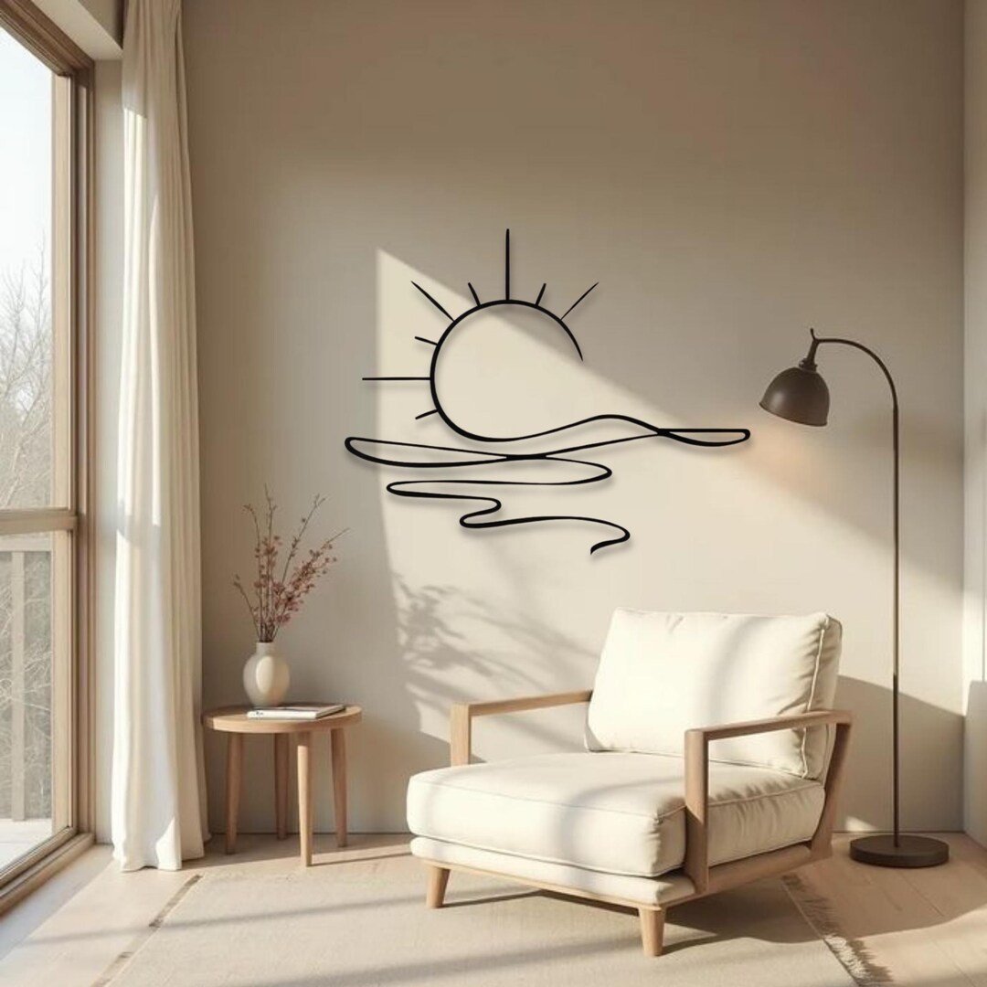 View of Sun and Wave Metal Wall Art, Minimalist Line Art Wall Decor, Abstract ...
