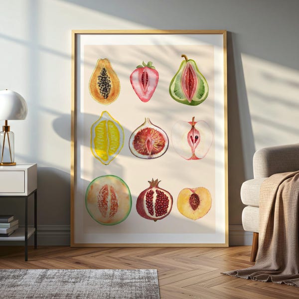 Sliced Feminine Fruit Art Print Original,Vintage Feminine Fruit Poster,Body Positivity Empowerment Wall Decor,Feminist Kitchen Print