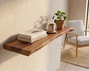 Estante flotante de nogal, estante con borde natural, estante de pared de madera maciza, estante rústico hecho a mano, estante de madera a medida