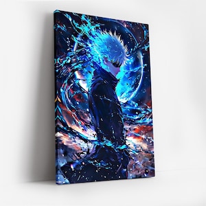 May include: Canvas art print featuring a character with white hair and black eye covering, surrounded by blue and black energy swirls against a cosmic background. The artwork has a dynamic, anime-inspired style.