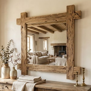 May include: A rectangular wall mirror featuring a frame constructed from thick, weathered brown timber beams with a rough, textured grain. The frame has extended joints at each corner, creating a cross-like appearance around the reflective glass.