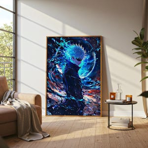 May include: A framed art print featuring a character with spiky white hair and a dark outfit, set against a vibrant backdrop of swirling blue and red energy. The artwork has a dynamic, anime-inspired style, with a focus on bold colors and dramatic composition.