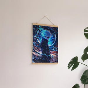 May include: Anime wall art featuring a character with white hair and blue energy effects. The artwork is displayed on a wooden frame and hangs from a string. The color palette includes shades of blue, black, and white.
