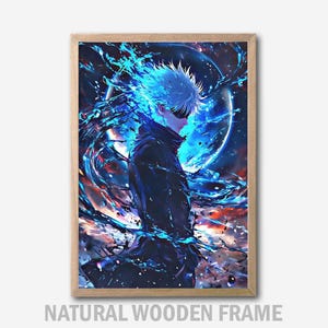 May include: A framed anime art print featuring a character with white hair and a black blindfold, set against a backdrop of swirling blue and black energy. The artwork is in a natural wooden frame, with the text "NATURAL WOODEN FRAME" at the bottom.
