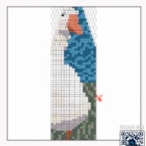 May include: Cross stitch pattern of a white goose with a blue and orange head and neck, standing on a green background.