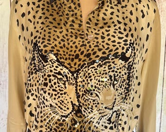 Vintage 80s Diane Gilman 100% Silk Beaded Leopard Print Blouse Size Large Tunic Top