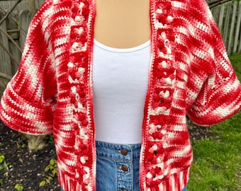 Handmade Crocheted Cardigan Variegated Red Pink White Open Front Sweater Floral Granny Square