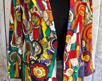 Blazer vintage de los 80 de Regina Porter, 100% seda, estampado maximalista ecuestre, una prenda de arte para vestir.
