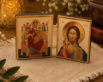 Orthodox Folding Diptych Icon – Christ Pantocrator, Theotokos, Wooden Travel Prayer Icon