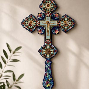 Cruz de Parede Ortodoxa | Crucifixo Cristão de Madeira, Inserções de Ícones, Decoração Religiosa 27 x 16 cm