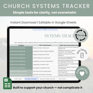Modèle de suivi des systèmes religieux | Feuille de calcul des opérations de l'église | Outil d'administration Google Sheets pour le ministère