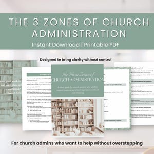 Peut inclure: Téléchargement numérique intitulé "Les 3 zones de l'administration de l'église". La conception présente une bannière turquoise avec du texte blanc et une pile de papiers avec du texte et des images. Le texte indique "Téléchargement instantané | PDF imprimable."