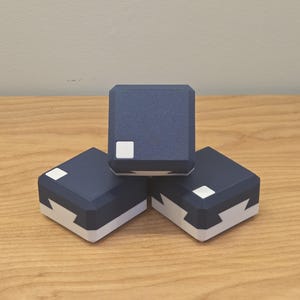 May include: Three navy blue square boxes with white accents are stacked on a wooden surface. One box is on top, and two are below, creating a triangular arrangement. Each box has a small white square.