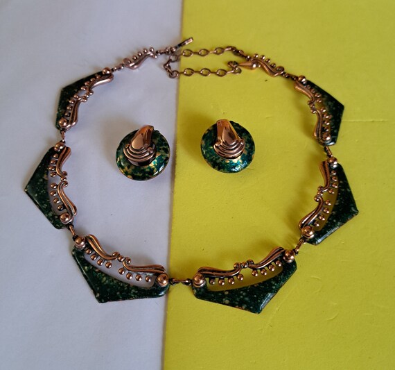fancy MATISSE Copper NECKLACE EARRINGs Set emeral… - image 1