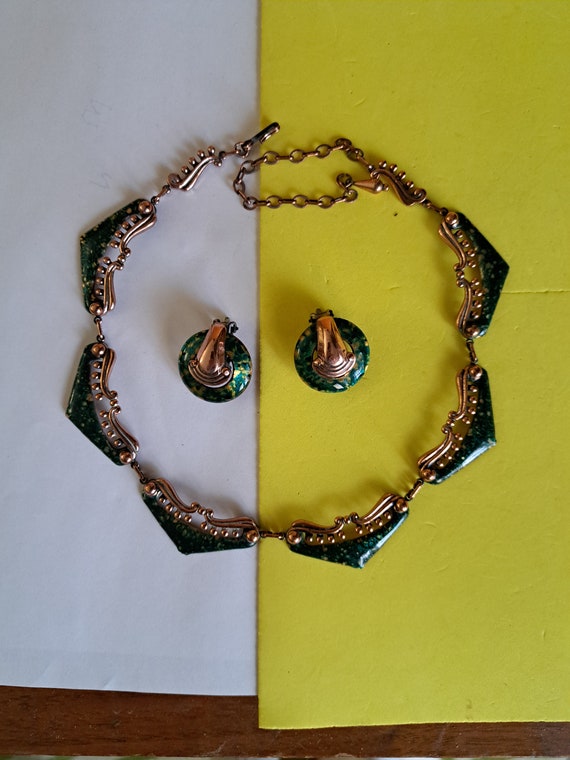 fancy MATISSE Copper NECKLACE EARRINGs Set emeral… - image 6