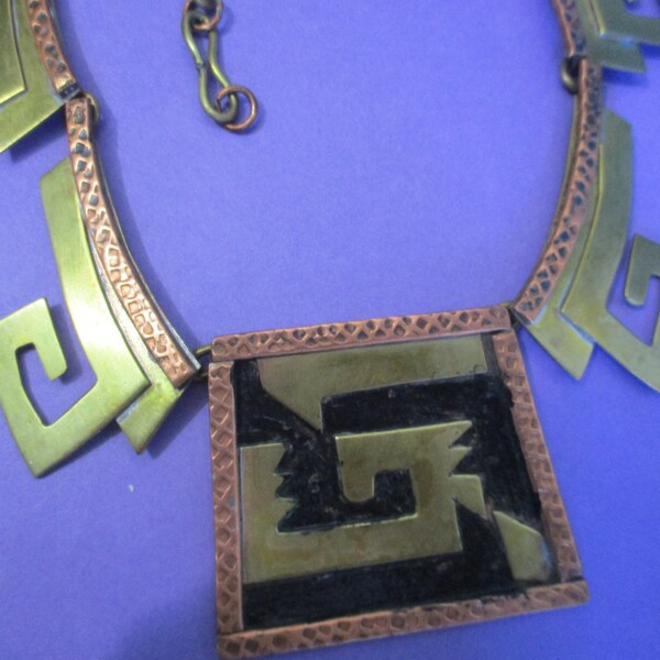 Casa Maya signed Mexico NECKLACE PENDANT Copper Brass Black Aztec Vintage Mixed Metals Tribal