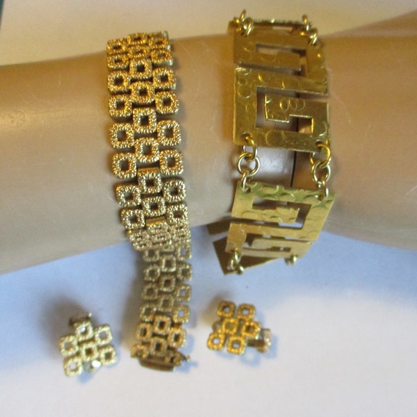 Lot of 2 RETRO BRACELETS, one with Earrings Set, 80s Vintage Greek, one signed