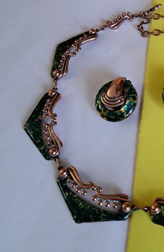 fancy MATISSE Copper NECKLACE EARRINGs Set emeral… - image 5