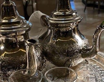 Handcrafted Moroccan Silver Tea Set with Engraved Tray and Patterned Glasses