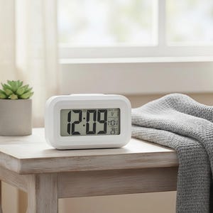 May include: A white digital alarm clock displaying 12:09, Monday, and 29 degrees. The clock sits on a light-colored wooden side table. A small potted succulent and a gray blanket are also on the table.