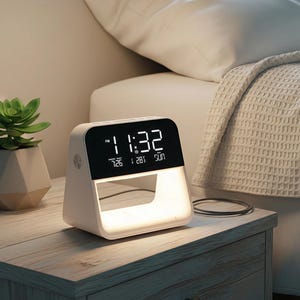 May include: A white bedside alarm clock with a digital display showing the time as 11:32 PM. The clock has a built-in light and sits on a wooden nightstand next to a bed with a white comforter.