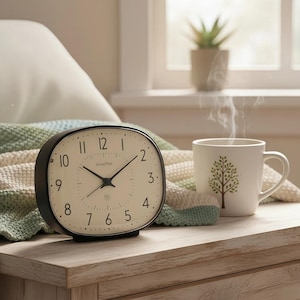 May include: A black and cream-colored alarm clock with the text "Honey Time" on a wooden nightstand. A white mug with a tree design and steam rising from it sits next to a knitted item.