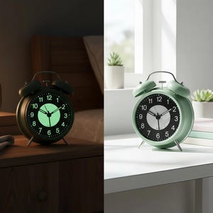 Puede incluir: Un reloj despertador analógico verde menta con esfera negra y números blancos. El reloj tiene un centro y manecillas verdes brillantes, con campana y patas de metal. El reloj está sobre una mesita de noche.