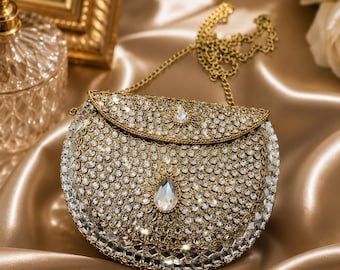 Luxury Crystal Bridal Clutch Bag | Wedding Evening Purse | Gold Rhinestone Party Handbag with Chain | Bridal Reception Gift | 8x6 Inch