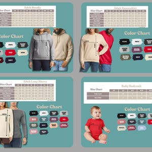 The image is a collage of four photos featuring people in different clothing styles, including adult hoodies, sweatshirts, and baby bodysuits, along with color charts and size charts for each clothing item.