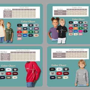 The image is a collage of four photos featuring children in different sizes of youth shirts and toddler sweatshirts, along with color charts for each size group.