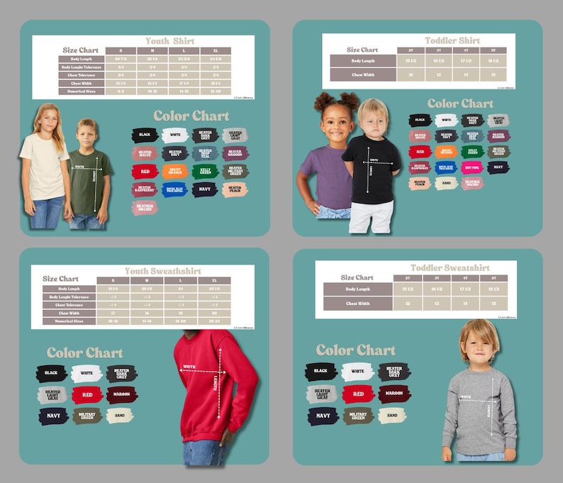 The image is a collage of four photos featuring children in different sizes of youth shirts and toddler sweatshirts, along with color charts for each size group.