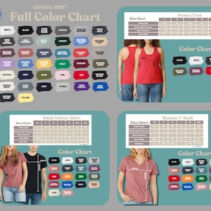 The image is a full color chart that provides size charts and color charts for different types of shirts, including women's tank tops and men's t-shirts. The chart includes various color options and corresponding size ranges for each shirt type.