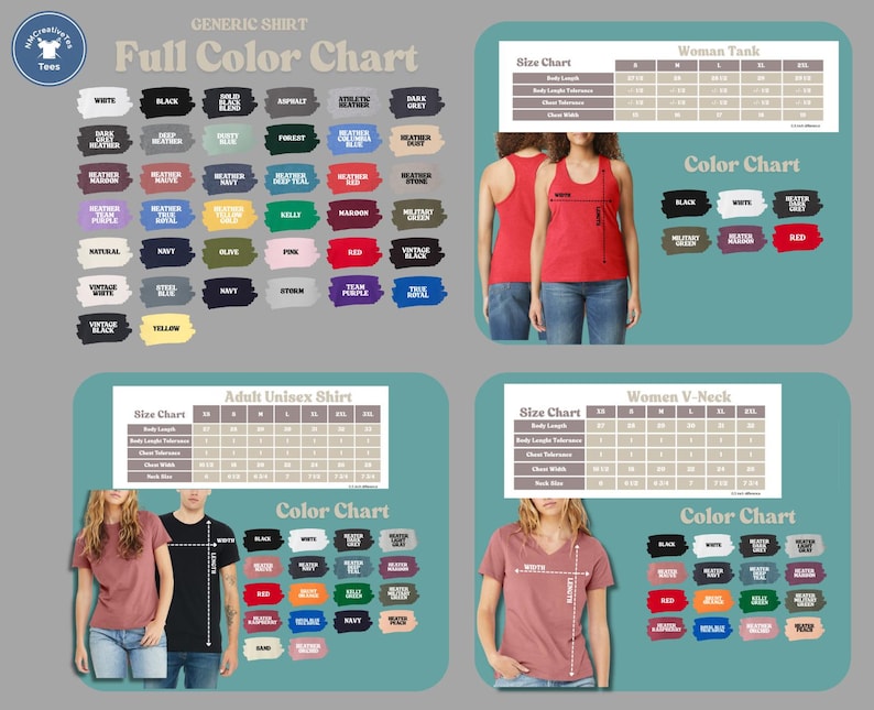 The image is a full color chart that provides size charts and color charts for different types of shirts, including women's tank tops and men's t-shirts. The chart includes various color options and corresponding size ranges for each shirt type.