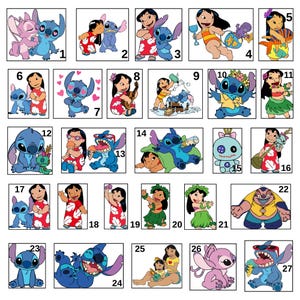 Puede incluir: Una colecci&oacute;n de 27 ilustraciones de dibujos animados con personajes de la pel&iacute;cula de animaci&oacute;n "Lilo & Stitch". Las im&aacute;genes muestran a Stitch, Lilo y otros personajes en varias poses y escenarios, con colores vibrantes y dise&ntilde;os detallados.