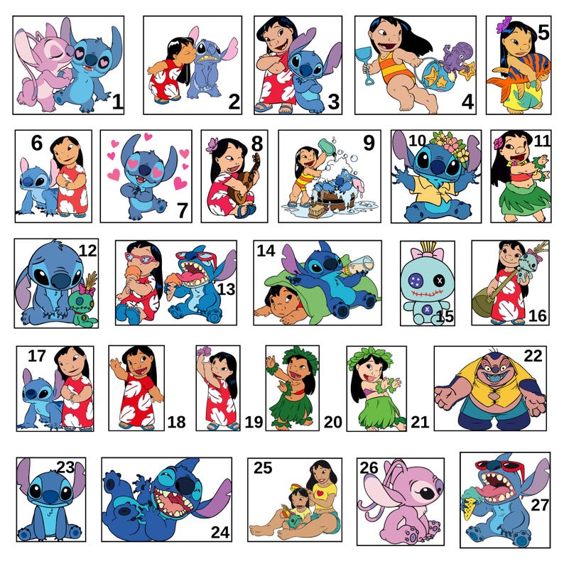 Puede incluir: Una colecci&oacute;n de 27 ilustraciones de dibujos animados con personajes de la pel&iacute;cula de animaci&oacute;n "Lilo & Stitch". Las im&aacute;genes muestran a Stitch, Lilo y otros personajes en varias poses y escenarios, con colores vibrantes y dise&ntilde;os detallados.