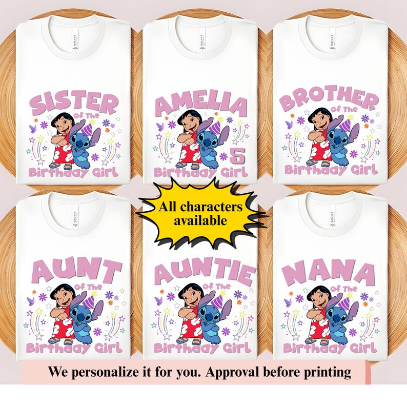 Puede incluir: Camisetas blancas con dise&ntilde;os personalizados con personajes de Lilo & Stitch. Cada camiseta tiene un t&iacute;tulo diferente, como "Sister", "Amelia", "Brother", "Aunt", "Auntie" y "Nana". Las camisetas tambi&eacute;n incluyen el texto "Birthday Girl".