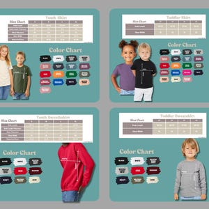 The image is a collage of four photos featuring children in different sizes of youth shirts and toddler sweatshirts, along with color charts for each size group.