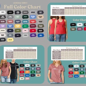 The image is a full color chart that provides size charts and color charts for different types of shirts, including women's tank tops and men's t-shirts. The chart includes various color options and corresponding size ranges for each shirt type.