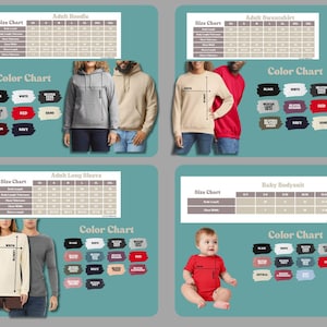 The image is a collage of four photos featuring people in different clothing styles, including adult hoodies, sweatshirts, and baby bodysuits, along with color charts and size charts for each clothing item.