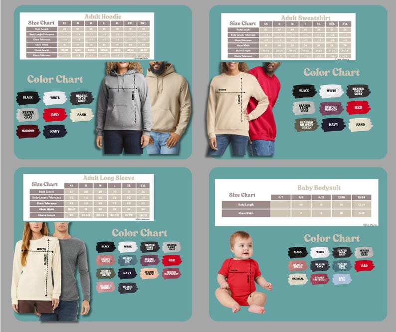 The image is a collage of four photos featuring people in different clothing styles, including adult hoodies, sweatshirts, and baby bodysuits, along with color charts and size charts for each clothing item.