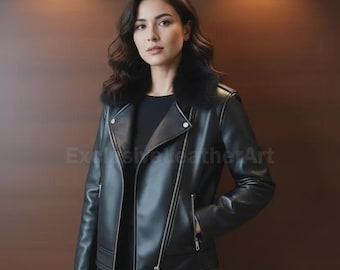 Women's Black Genuine Leather Biker Jacket with Removable Faux Fur Collar – Slim Fit Moto Jacket