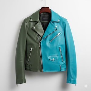 May include: A two-tone leather jacket, half olive green and half teal blue, hangs on a wooden hanger. The jacket features a classic biker style with a notched collar, asymmetrical zip, and multiple zipped pockets. The jacket has silver hardware.