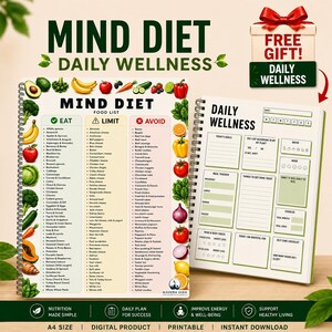 Puede incluir: Un planificador digital imprimible Mind Diet y Daily Wellness. El planificador incluye una lista de alimentos para comer, limitar y evitar, junto con un seguimiento diario del bienestar. La imagen también incluye una caja de regalo gratuita con un lazo.